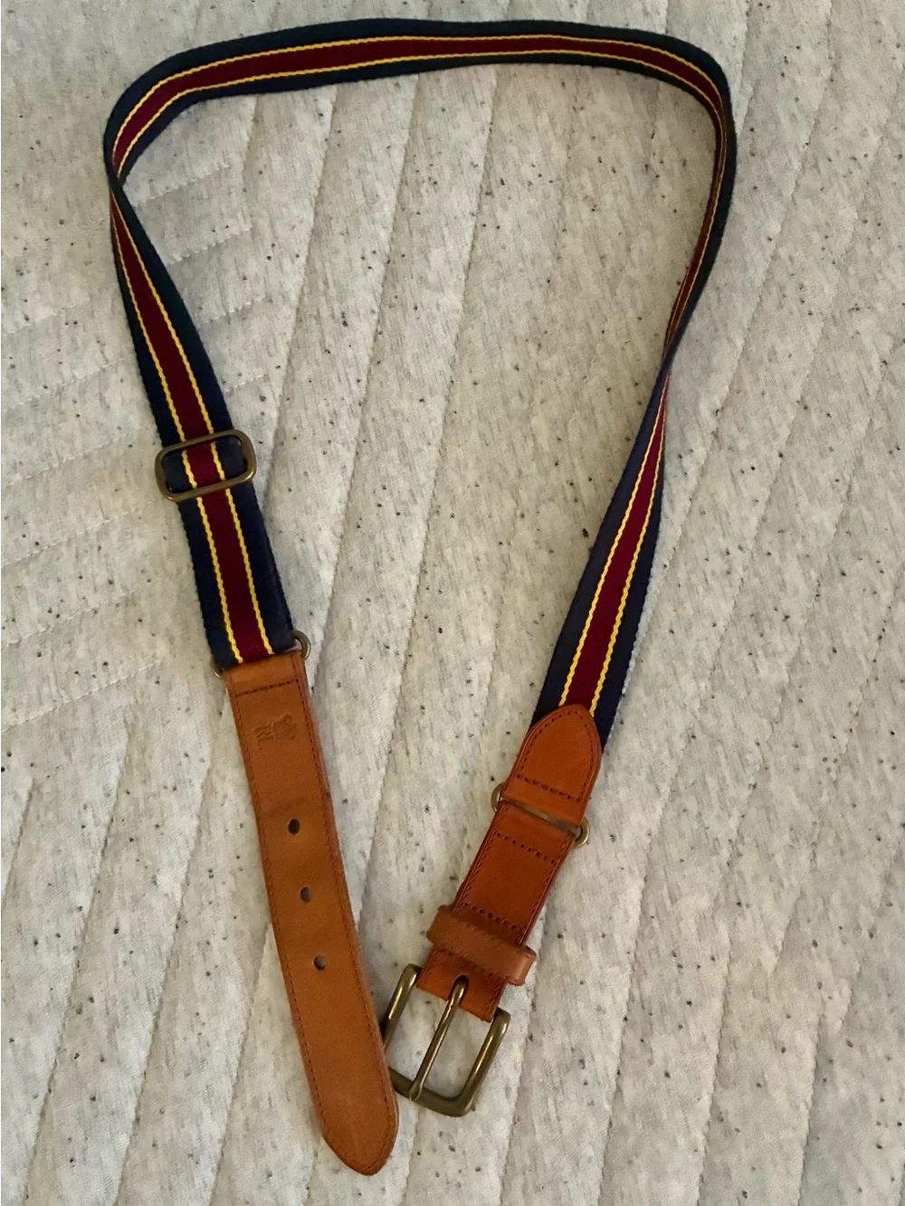 Polo by Ralph Lauren Navy Fabric and Tan Leather Belt with Brass Buckle - Picture 2 of 5